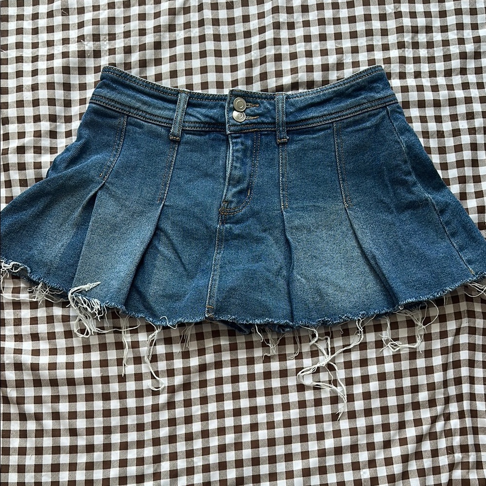 Pleated Denim Mini Skort
